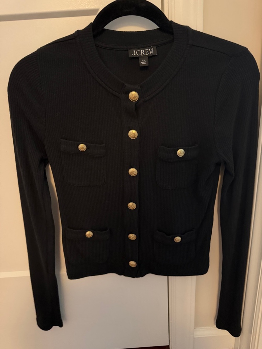 J. Crew Black Ribbed Knit Cardigan with Gold Buttons